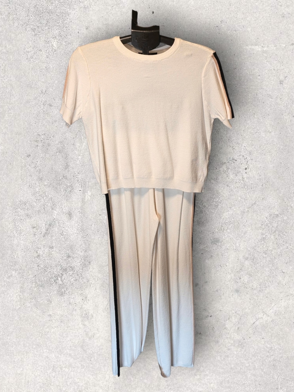 Cream Knit Short-Sleeve Top & Track Pants with Black Side Trim